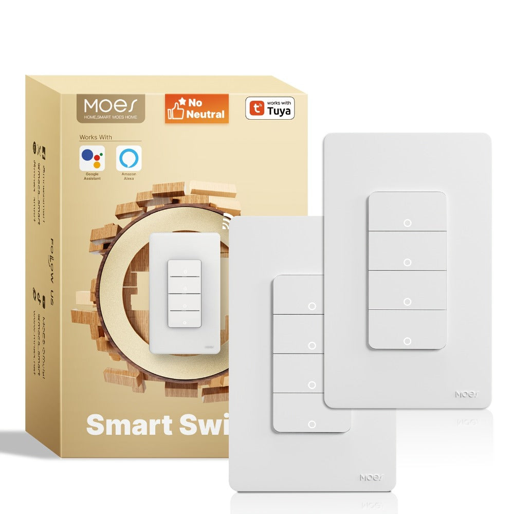 No Neutral Wire WiFi Smart Light Switch MOES 1/2/3/4 Gang Single Pole, Works with Alexa & Google Assistant, No Hub Required, 2.4GHz App Control, 110V – 2 Pack Smart Home Lighting Switch