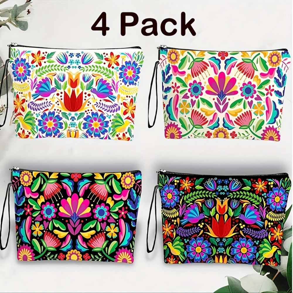 Travel Makeup Bag 4-Pack Set Large Capacity Cosmetic Organizer with Zipper Floral & Cute Animal Print Toiletry Pouch for Women Girls Vacation Business Trip Daily Use Gift