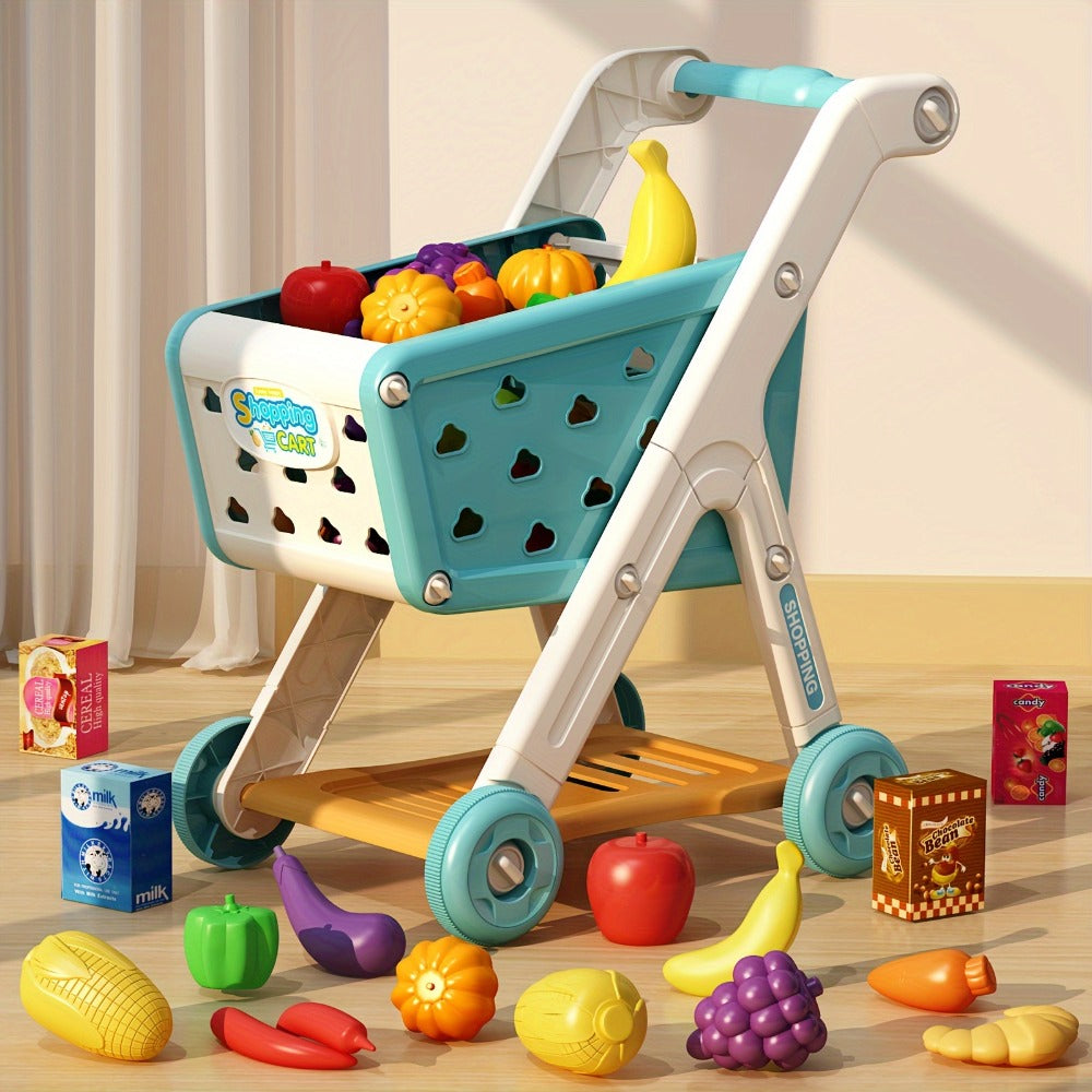 Pretend Play Shopping Cart Set with Toy Food for Grocery Store Role Play