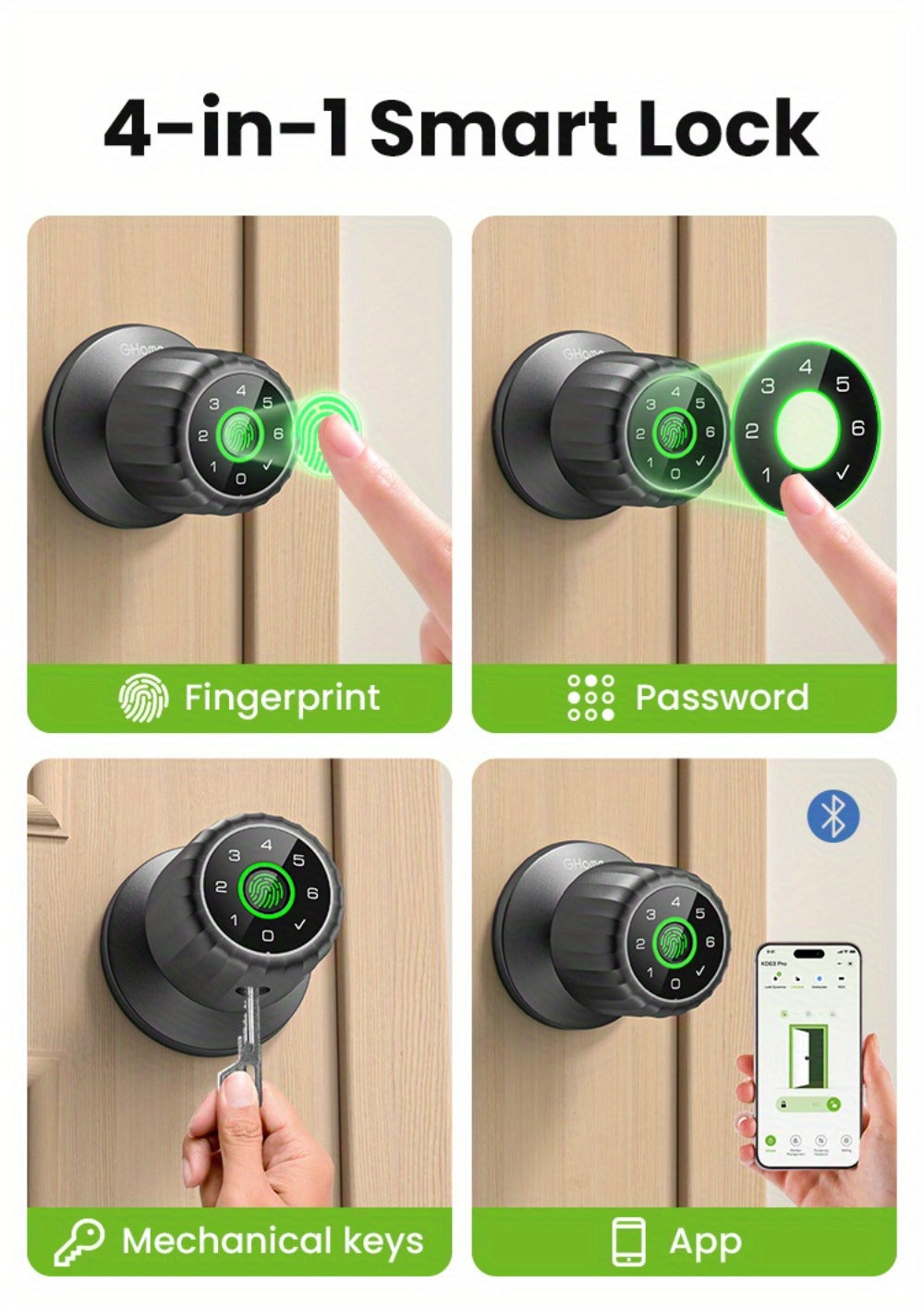 GHome KD03 PRO Smart Door Knob 4-in-1 with USB-C Charging & Gateway Remote - Fingerprint, Keypad & App, Anti-Peep, Tamper Alarm, Emergency Power, Keyless Entry, Black