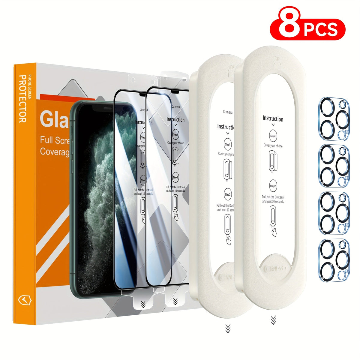 9H Tempered Glass Screen Protector for iPhone 8-Pack with Alignment Tool – 4 Screen + 4 Camera Lens, HD Clear, Bubble-Free, Case Compatible, iPhone 16 Pro Max / 15 / 14 / 13 / 12 / 11 Series