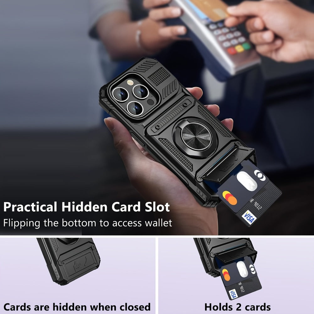 360° Metal Stand iPhone Case with Dual Card Slot Heavy Duty Shockproof Hard Shell Cover for iPhone 16 15 14 13 11 Pro Max Plus 8 7 Series – Rotating Kickstand Wallet Phone Case