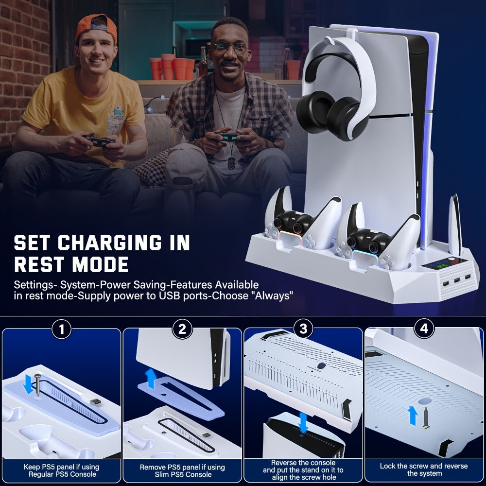PS5 Cooling Station with Controller Charging Dock - Compatible with PS5 Slim Pro Standard Disc Digital, Dual Controller Charger Turbo Fan 3-Port USB Hub Headset Holder All-in-One PS5 Accessory