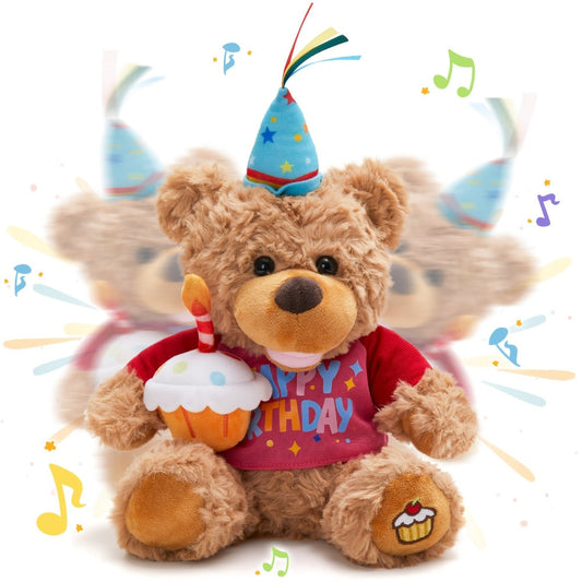 Singing Birthday Teddy Bear, 13.5-Inch Plush with Glowing Cupcake