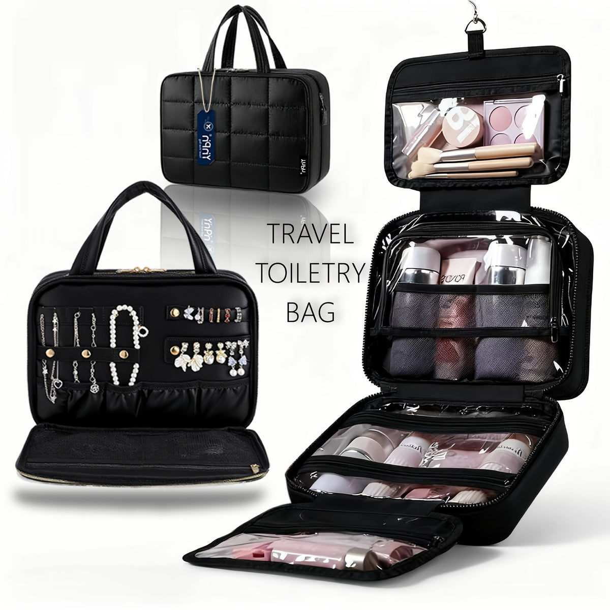 Hanging Travel Toiletry Bag Large Capacity for Full-Size Products Waterproof Cosmetic Organizer with Hook — Bathroom Makeup Travel Bag for Women Pink Beige Black