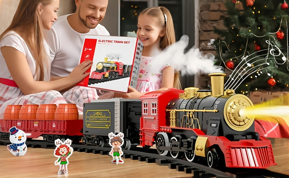 Electric Train Set with Smoke, Lights & Sound – 6-Car Christmas Toy Train with Switch Tracks