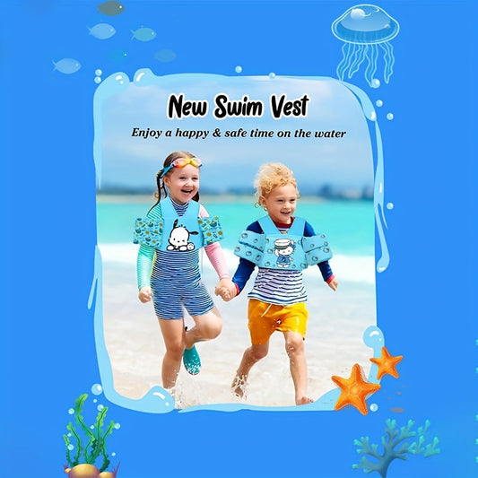 Kids Swim Vest, Blue Cartoon Cat Design with Adjustable Straps, 20–66 lb