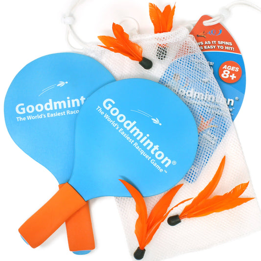 Goodminton Racquet Game Set | World's Easiest Indoor Outdoor Paddle Game for Kids, Adults & All Ages – 2 Racquets, 4 Birdies & Portable Mesh Bag – Fun for Parties, Tailgating & Family Play
