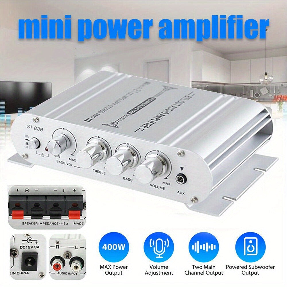 400W Car Audio Amplifier 2.1 Channel 12V Vehicle Sound System Stereo Bass Booster with Aluminum Alloy Housing, Easy Installation for Car Truck SUV Audio Upgrade — Silver