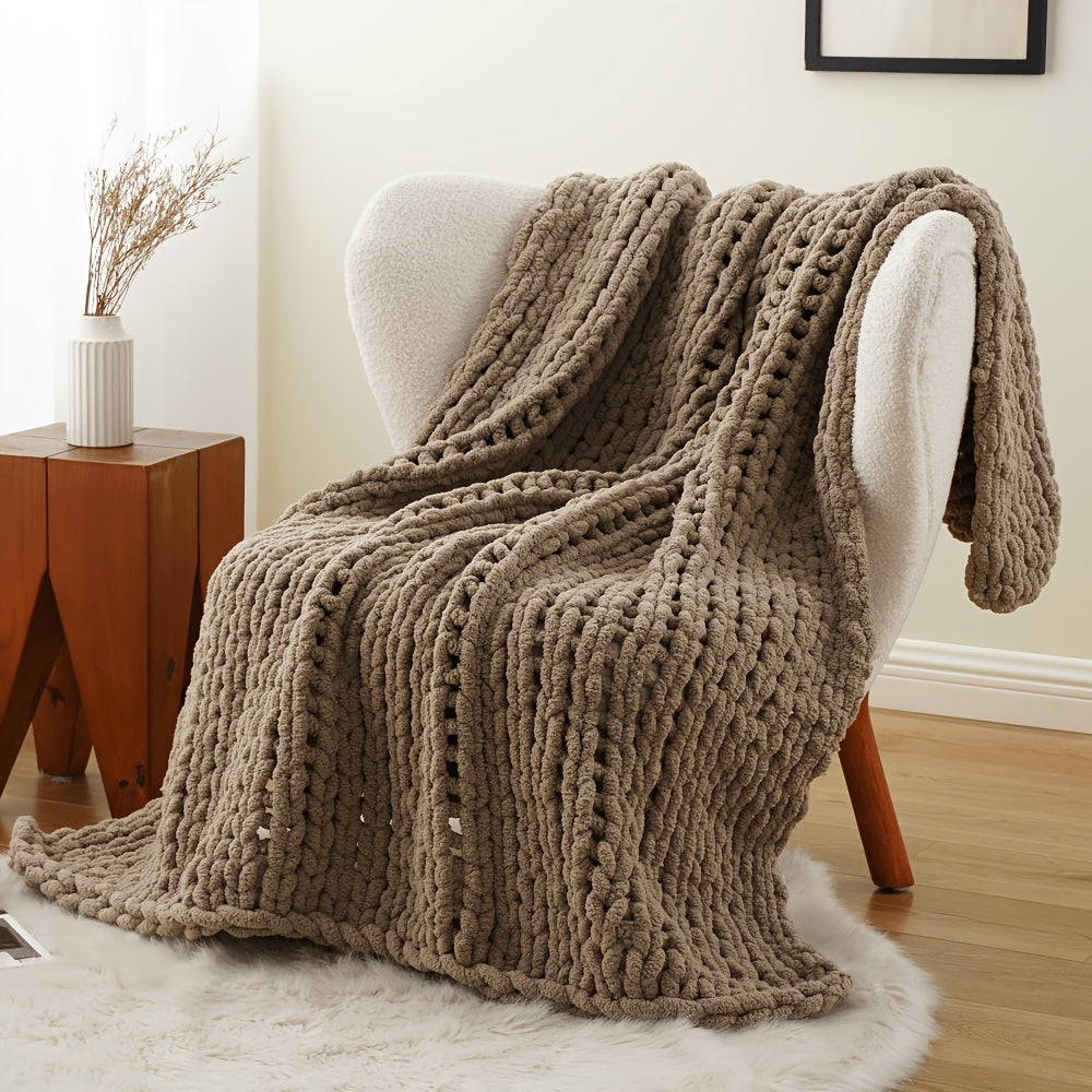 Chunky Chenille Cable Knit Throw Blanket – 350-400gsm Soft Warm Crochet Throw for Sofa, Bed & Couch, Vintage Patchwork, 14 Colors
