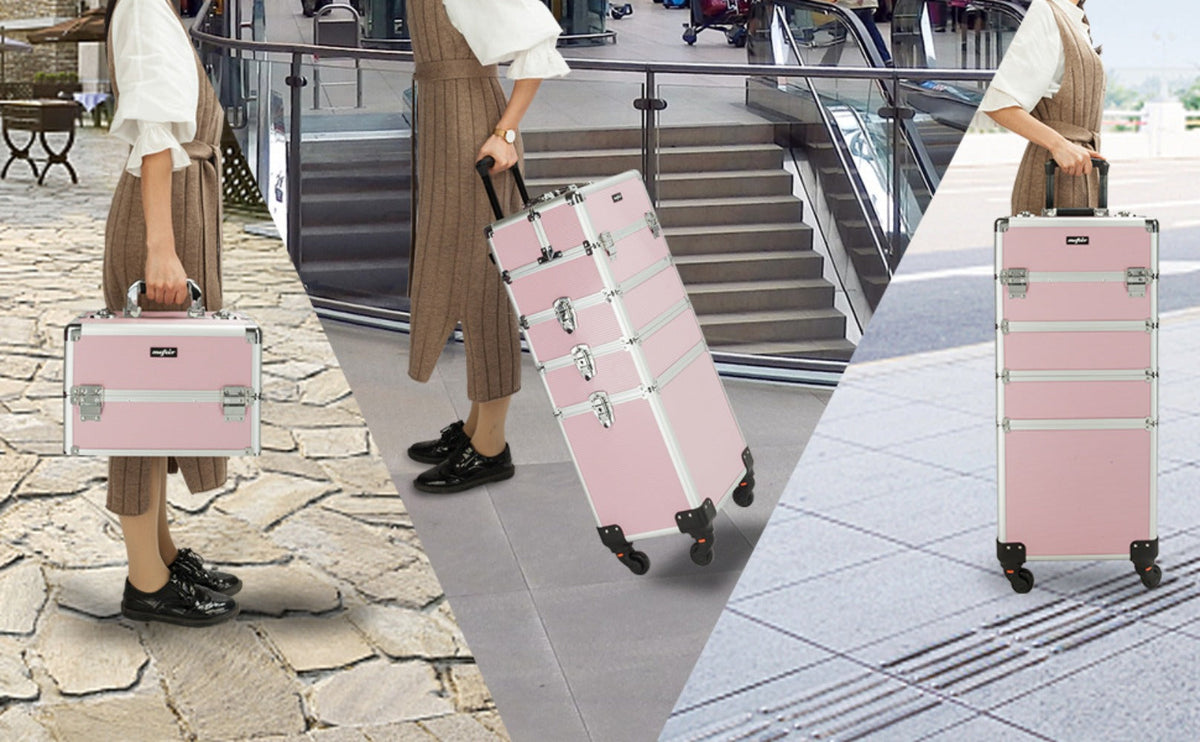 Makeup Train Case Rolling 4-in-1 Aluminum Lockable Trolley with 4 Removable Wheels Collapsible Trays DIY Compartments Telescopic Rod Cosmetic Organizer for Makeup Artists Salon Travel Black Pink Rhinestone