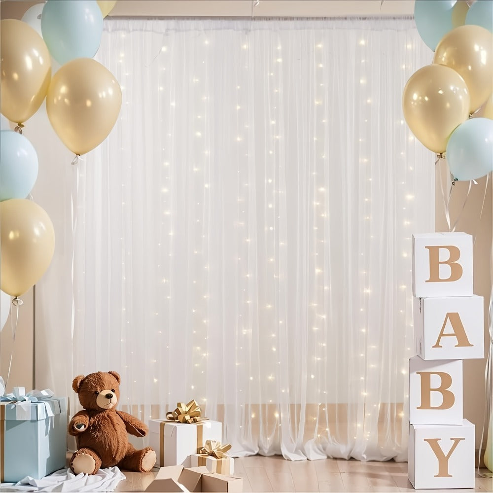 White Velvet Backdrop Curtains with String Lights 2pcs 5.2x10FT Sheer Background Decoration for Wedding Birthday Party Photo Booth Photography Stage Decor USB Powered Fairy Lights Included