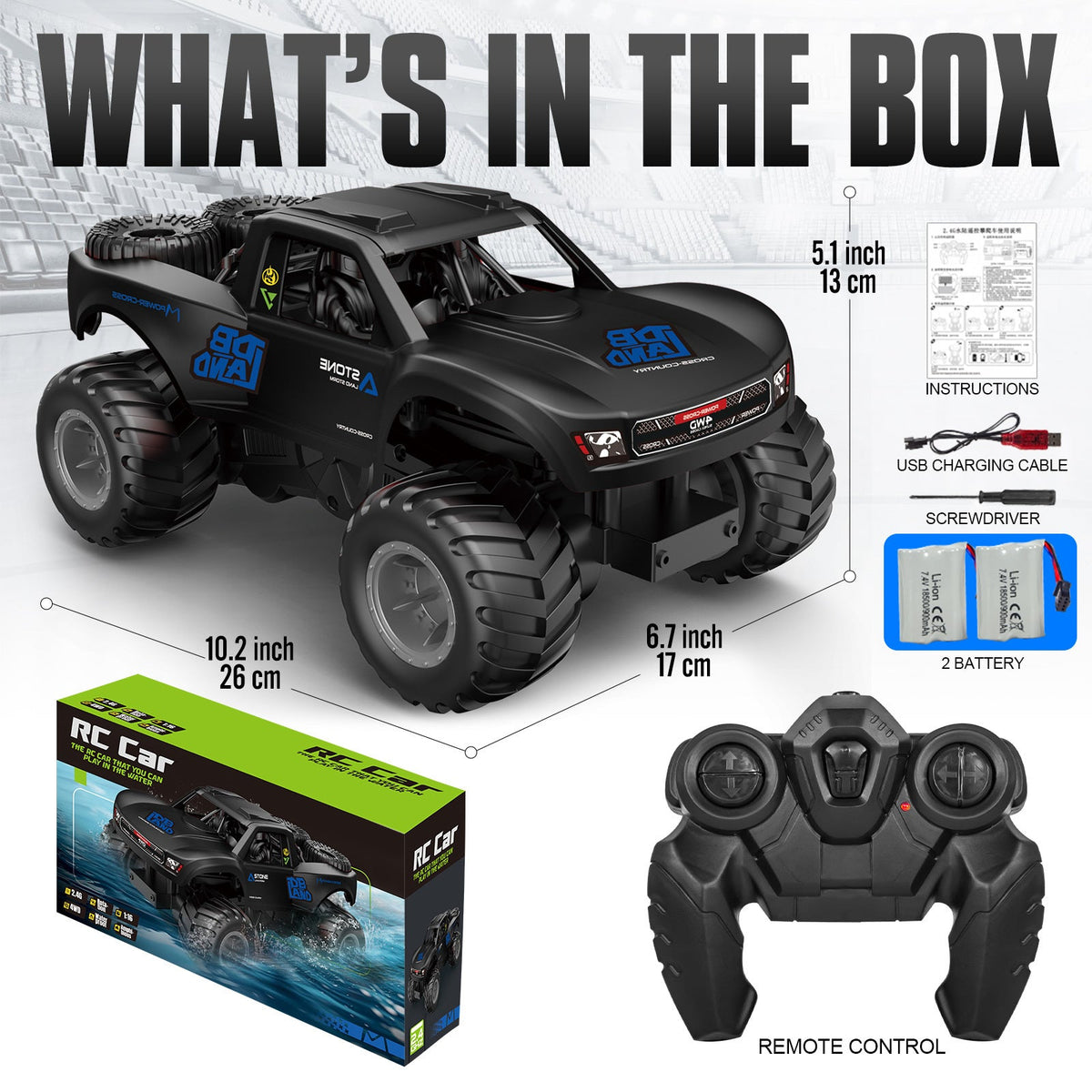 Amphibious RC Car 1:16 Scale 4WD, Waterproof Monster Truck or Pickup, 2 Batteries