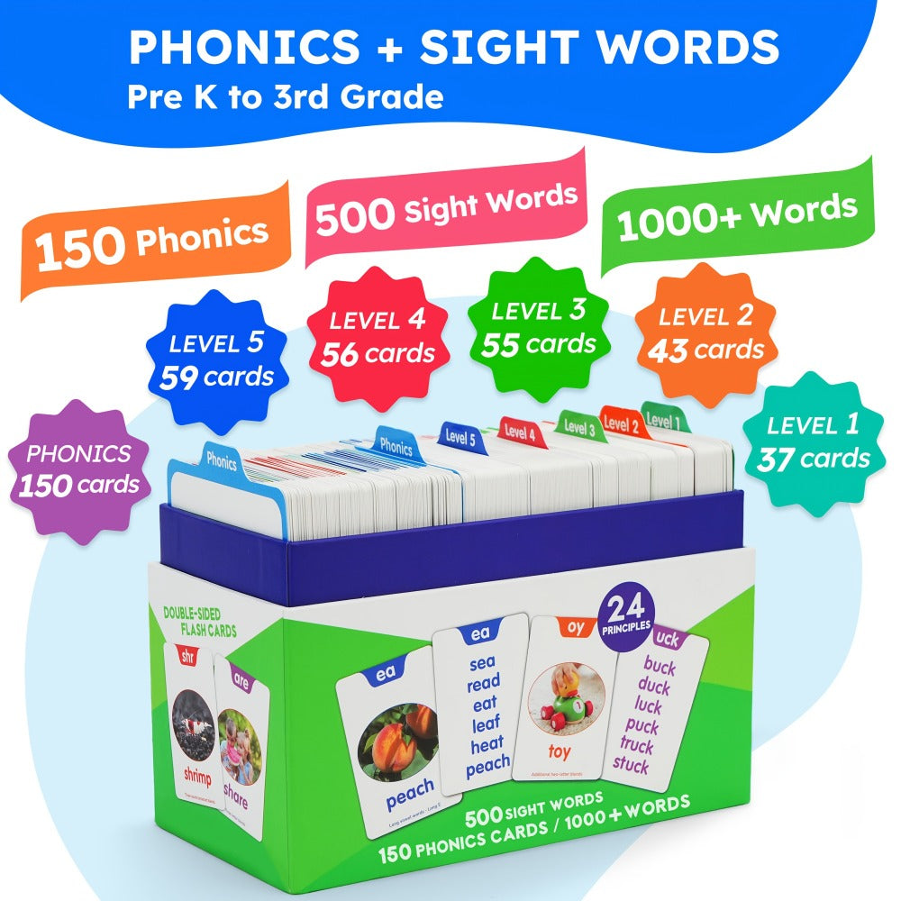 Sight Words Flash Cards 500 Cards & 150 Phonics Cards Set 1000+ Dolch Fry High Frequency Words CVC Blends Long Vowels | Learn to Read Cards Pre-K Kindergarten 1st 2nd 3rd Grade Ages 3+