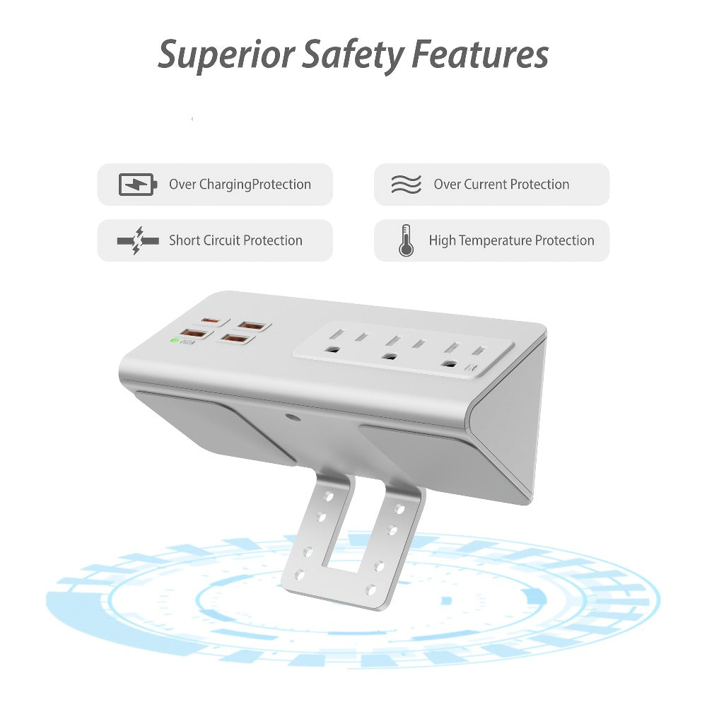 Desk Edge Mount Power Strip 7-in-1 with PD 20W USB-C Fast Charging, Screw & Clamp Mount, 5.6ft Extension Cord, Power Indicator Light – Under-Desk Charging Station for Office, Dorm & Hotel