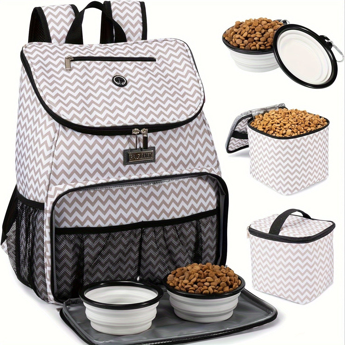 Pet Travel Backpack Double Layer Dog Cat Supplies Bag with 2 Collapsible Bowls 2 Food Baskets Portable Organizer for Outdoor Hiking Camping Road Trip