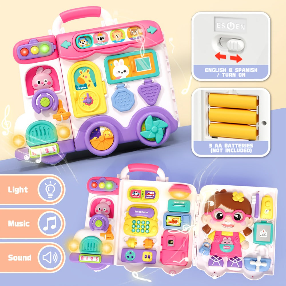Musical Busy Board Bus Toy for Toddlers 18 Months – Pink Baby Activity Board, Early Educational Motor Skills Developmental Toy for 1 2 Year Old Boys & Girls, Birthday Gift for Baby