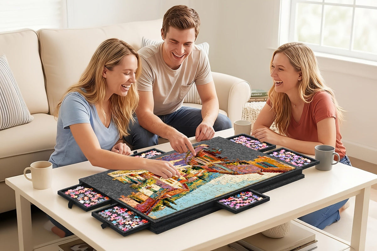 Roll-Up Puzzle Mat Board Extra Large – Foldaway Felt Mat for 1000 & 1500 Piece Jigsaw Puzzles, 6 Sorting Drawers, Portable Roll-Up Storage Solution for Puzzle Lovers Adults Seniors