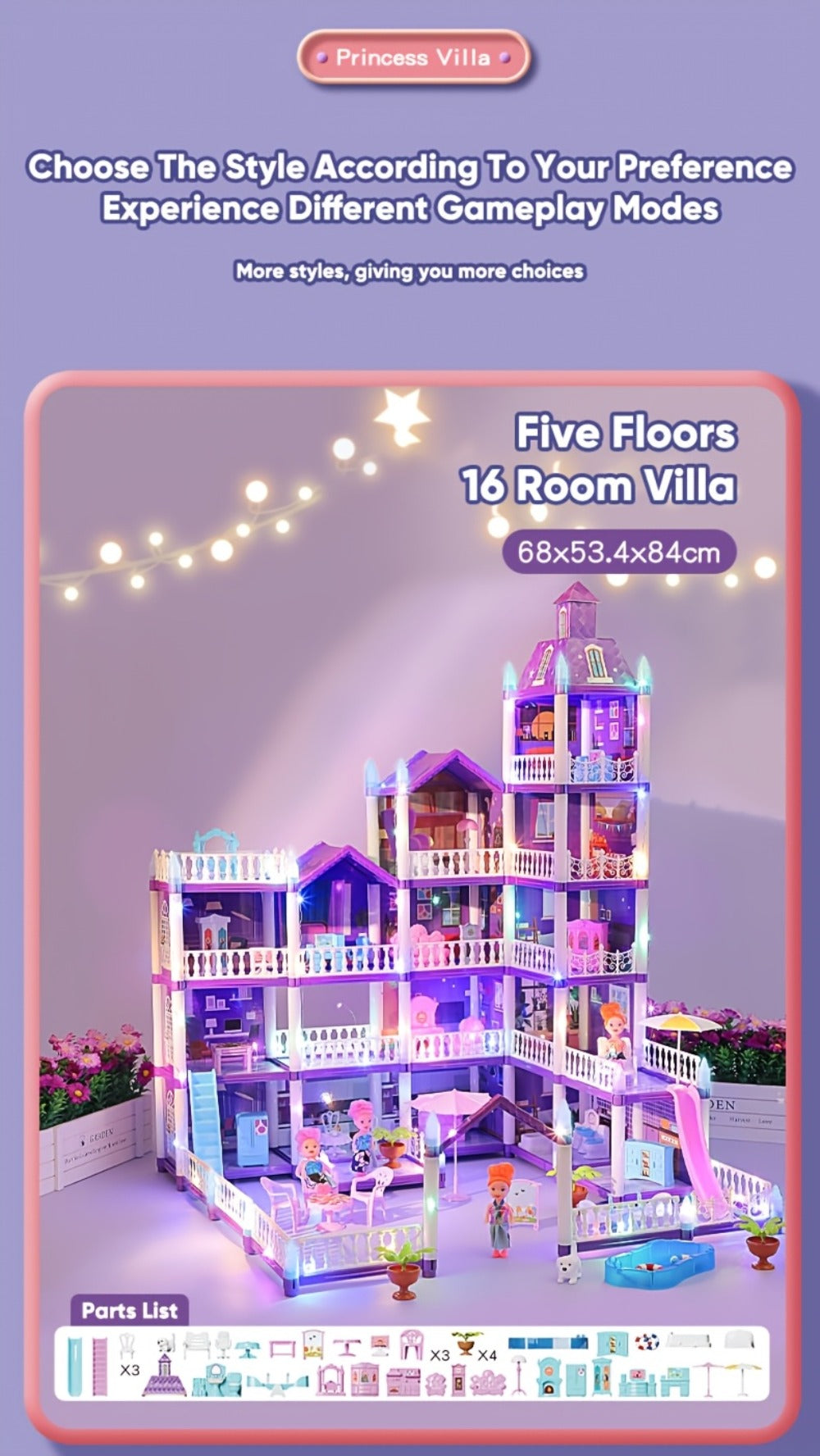 Purple LED Dollhouse Playset with 6 to 16 Room Options and Furniture