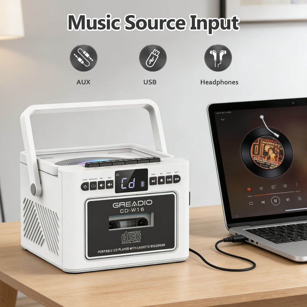 Boombox CD Cassette Player Rechargeable 5000mAh Battery 5W Dual Stereo Speakers FM Radio Tape Recording AUX SD USB 3.5mm Jack Portable Home Audio Player