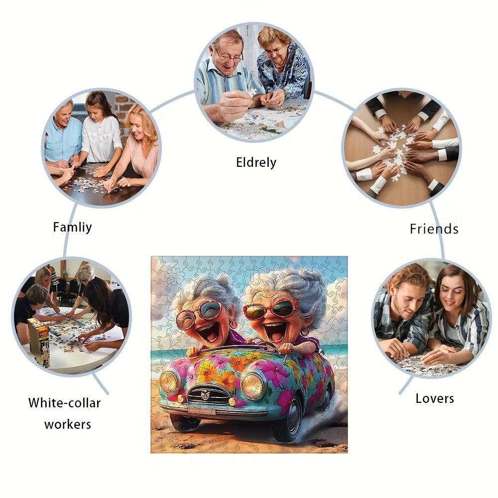 Wooden Jigsaw Puzzle, Happy Old Lady Artwork with Irregular Pieces in S and L
