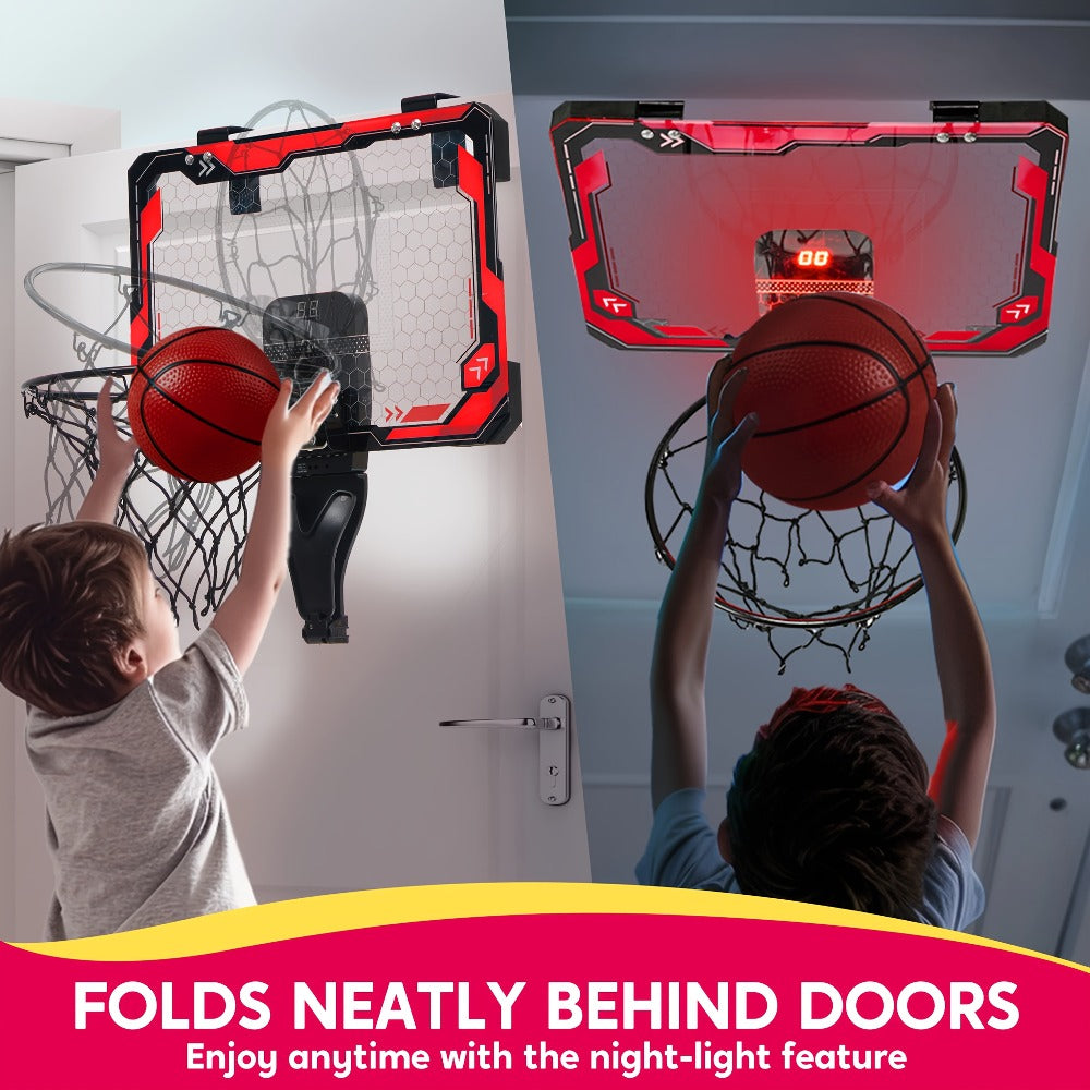 Over-the-Door Indoor Basketball Hoop with Light-Up Scoreboard, Red