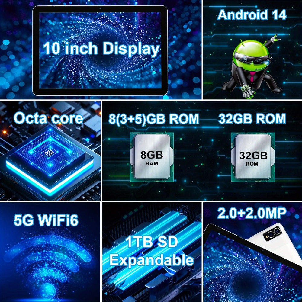 Android 14 Tablet 10 Inch 8GB RAM 32GB ROM 1TB Expandable Octa-Core A523 WiFi 6 IPS Touchscreen Dual Camera with Keyboard Mouse Case Stylus Optional Black White Pink