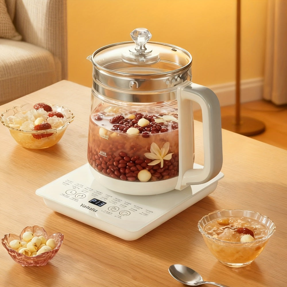 Electric Health Pot Smart Kettle 1.8L Thickened Glass 18 Smart Functions Removable Filter Multi-Functional for Tea Herbal Brewing Camping Home US Plug White