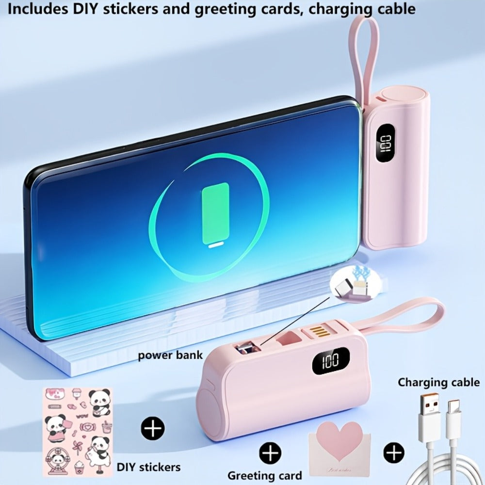 6000mAh 3-in-1 Mini Power Bank with Built-In USB-C & Lightning Cables, 22.5W Fast Charging Portable Charger LCD Display & Phone Stand, Compatible with iPhone Android USB-C Devices – Light Pink Black 2026