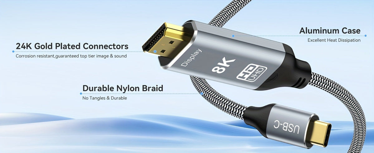 USB-C to HDMI 2.1 Cable 8K@60Hz 4K@144Hz, Aluminum Braided Thunderbolt 4/3 Compatible, 48Gbps HDCP 2.3 HDR, Type-C to HDMI Cord for MacBook Laptop Tablet Samsung Galaxy S24 to TV Monitor