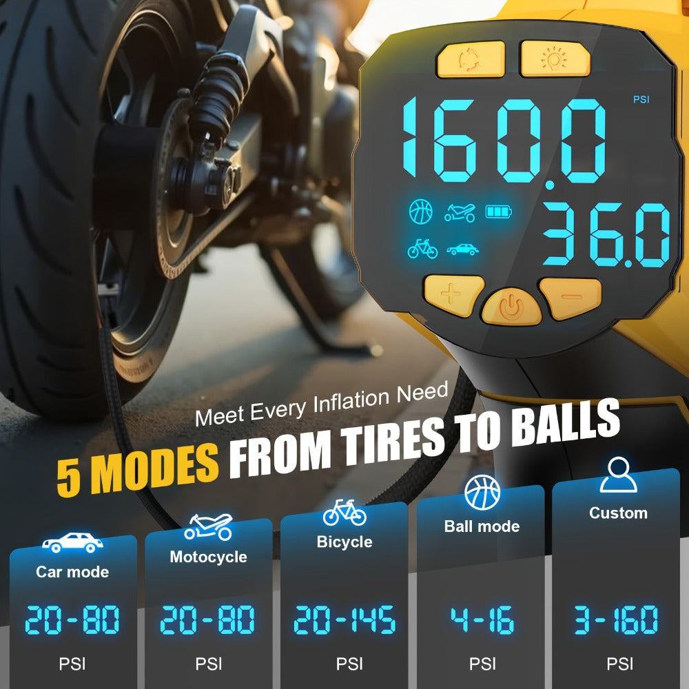 Cordless Tire Inflator 160PSI Portable Air Compressor Compatible with DeWalt 20V / 18V Battery – Digital Pressure Gauge, Fast Inflation for Cars, Motorcycles, Bicycles & Sports Balls (Battery Not Included)