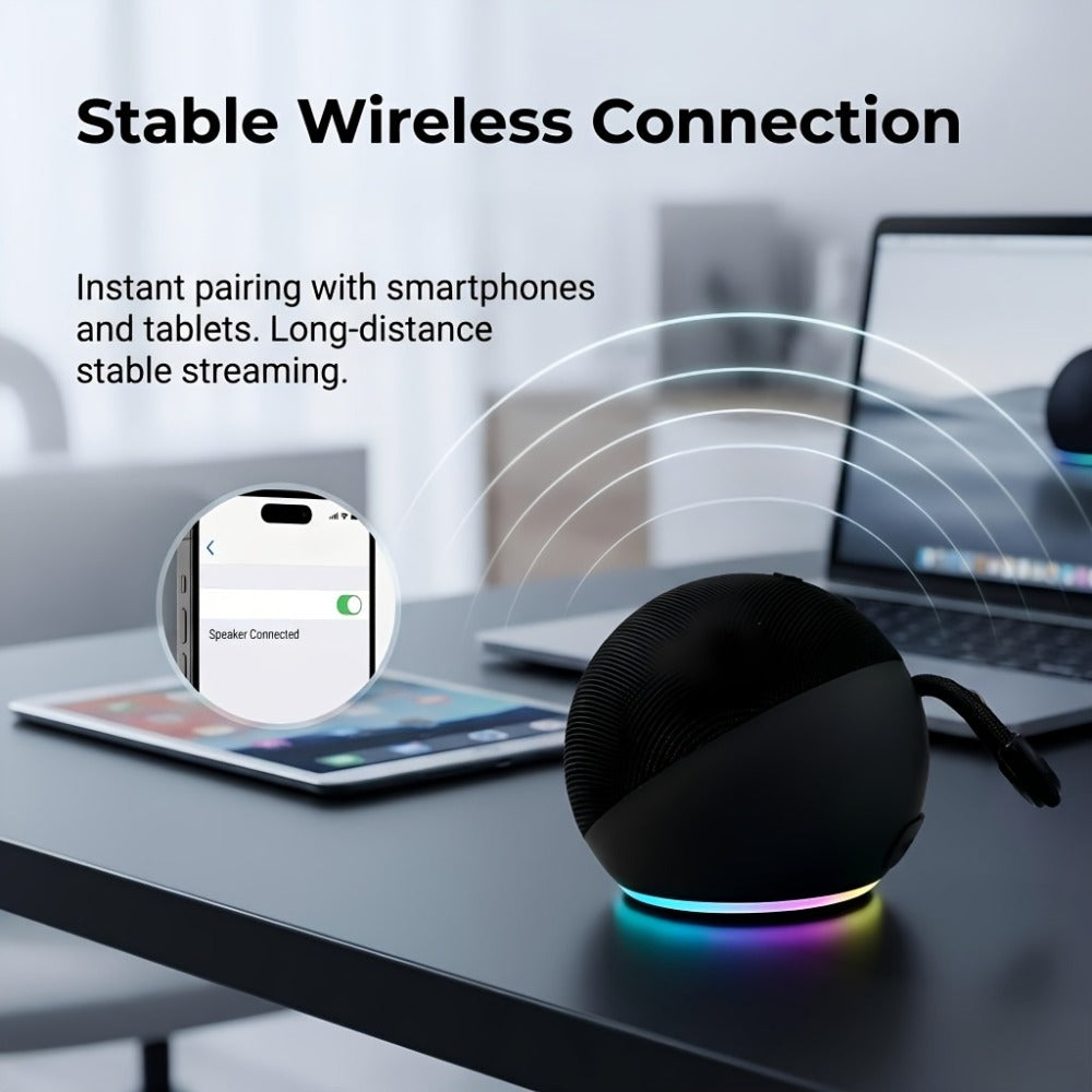 Spherical Bluetooth Speaker with RGB LED Light – Wireless Subwoofer, TWS Stereo Pairing, Portable Base, 360° Surround Sound, Globe Shape Wireless Speaker for Home, Desktop & Holiday Gifts