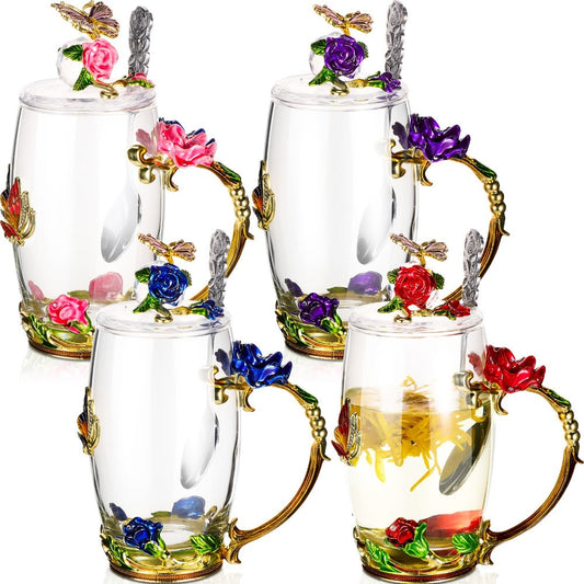 Flower Glass Tea Cups with Lids and Spoons, 4-Set Butterfly Floral Collection