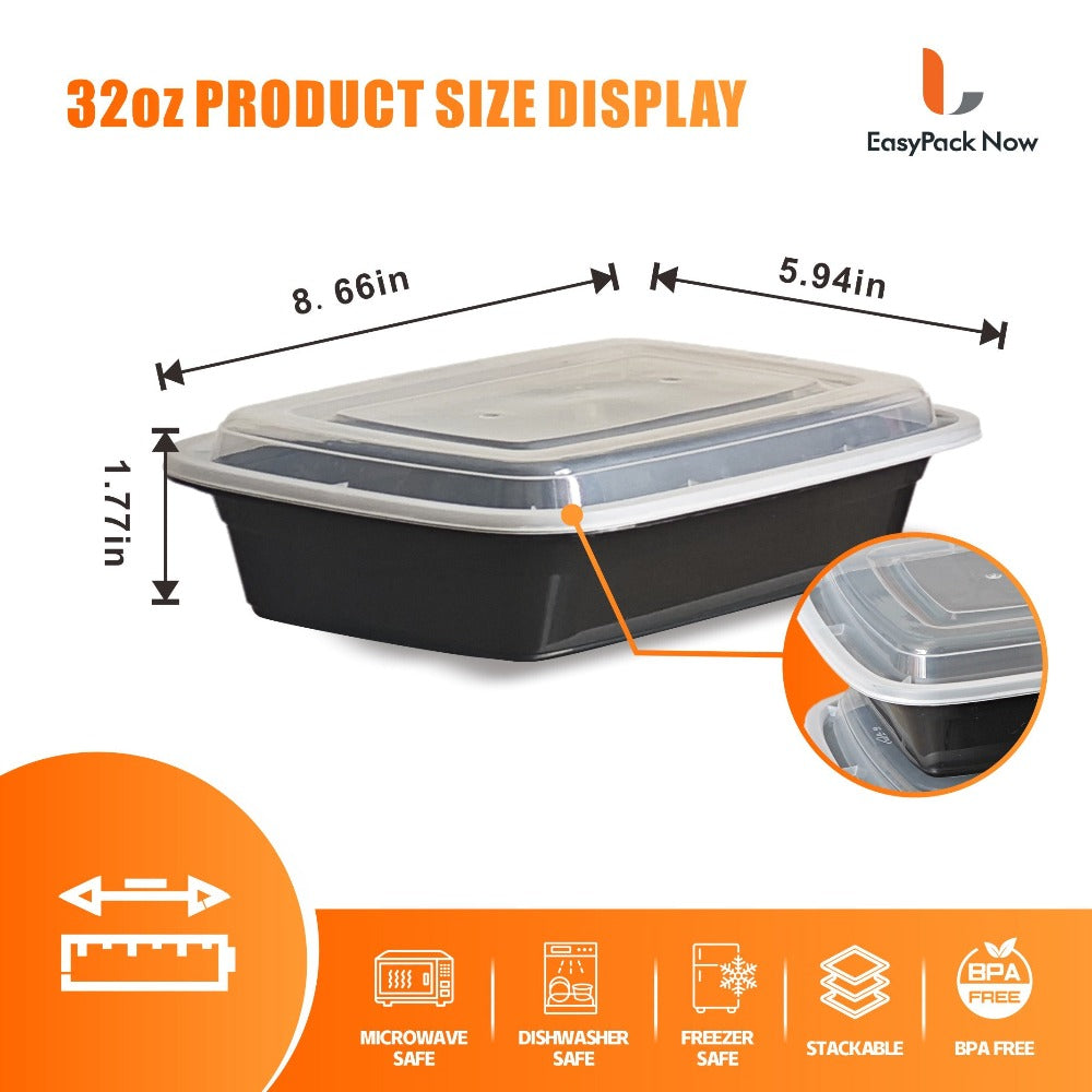 Meal Prep Containers 32oz 100 Pack – Black Stackable Leakproof Food Storage Set (50 Containers + 50 Lids), BPA-Free, Microwave & Dishwasher Safe, for Food Truck, Catering, Office Lunch & Takeout