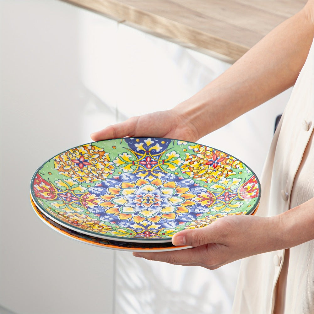 Bohemian Dinner Plates Set of 6 – 10.5 Inch Colorful Stoneware Plate Set Microwave Dishwasher Safe Scratch Resistant Porcelain Dinnerware for Home Restaurant Cafe Boho Kitchen Decor Gift