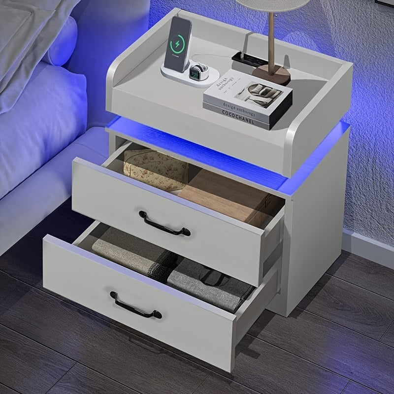 Small Nightstand with USB Charging Station & LED Lights – Compact Bedside Table with Drawer | Under 27 Inch Floor Mount | Dorm Studio Apartment Small Bedroom | Black or White | College Dorm Gift