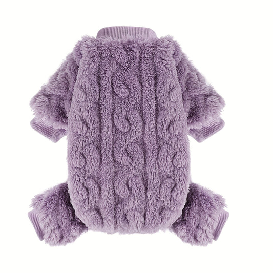 Fleece Dog Jumpsuit with Four-Leg Coverage, Round Neck and Open Belly