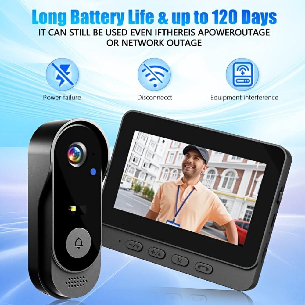 2.4G Direct Connect Video Doorbell with 4.3" Color Monitor - No WiFi No App, Two-Way Audio, 120° Wide Angle, Waterproof, 128GB SD, 6+ Month Battery Life, Color Night Vision, Rechargeable
