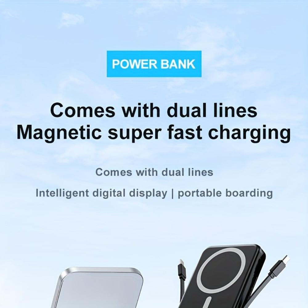 Magnetic Power Bank 10000mAh USB-C Fast Charging – Built-in Cable, Charges 5 Devices & Laptops Simultaneously, Foldable Stand, Portable External Battery for Travel Work Daily Use