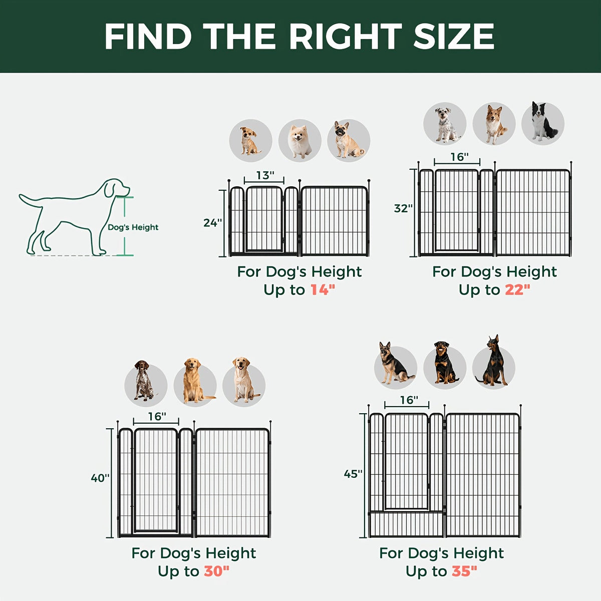 Dog Playpen with Gate – Heavy Duty Metal Pet Exercise Pen for Large Medium Small Dogs, 8/16/24/32/48 Panels, 24/32/40/45/50 Inch Height, Portable Indoor Outdoor Dog Fence for Yard Garden RV Camping