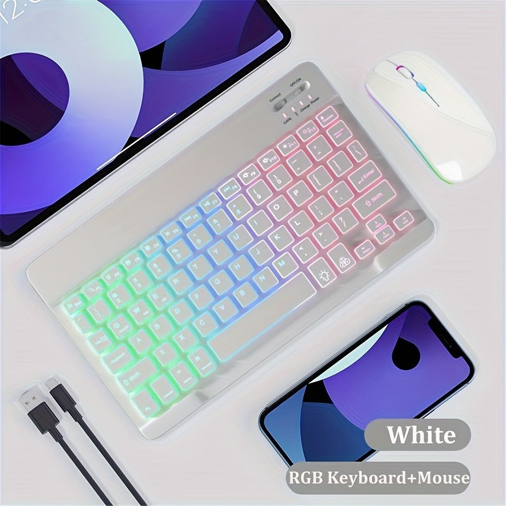 Wireless Keyboard and Mouse Combo Ultra-Thin Backlit Rechargeable Type-C Silent Keys Optical Mouse Portable for PC Laptop Tablet iPad QWERTY Layout Breathing Light Effect