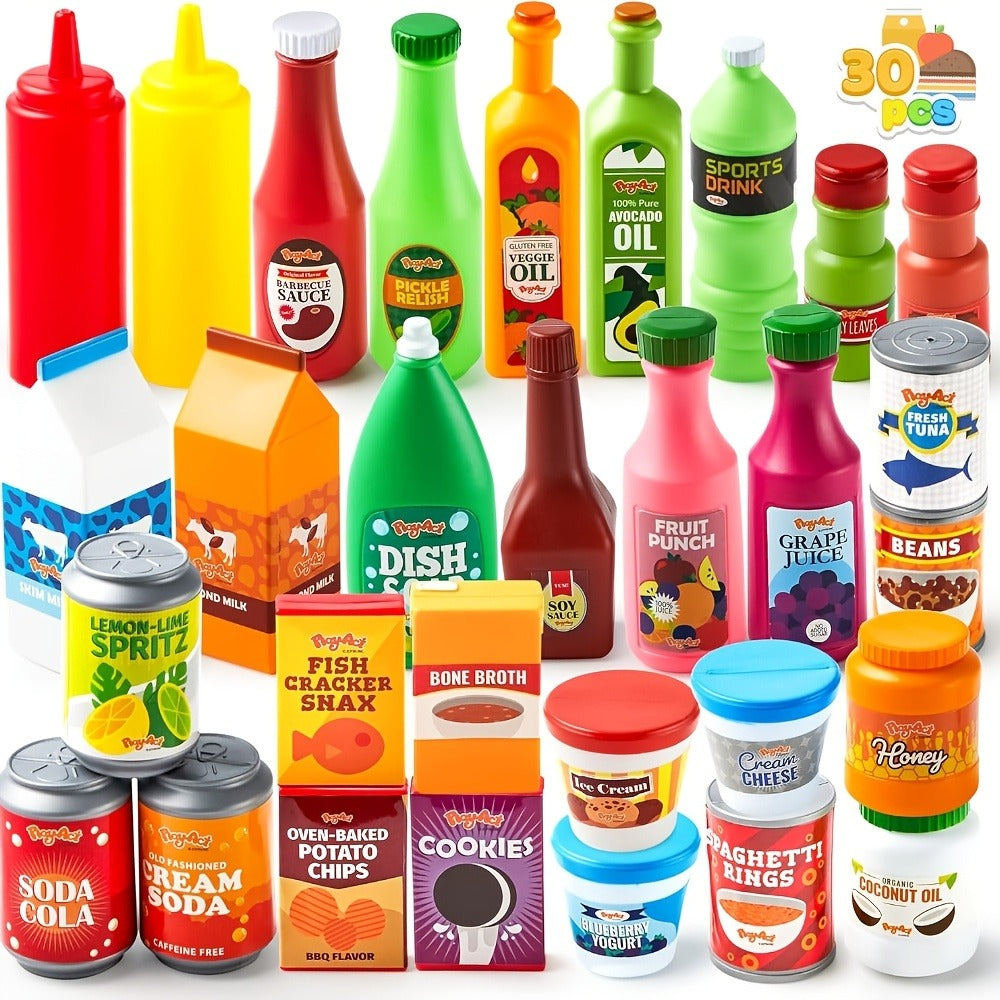 Play Food Grocery Can Set, 30 Pieces for Pretend Kitchen Play