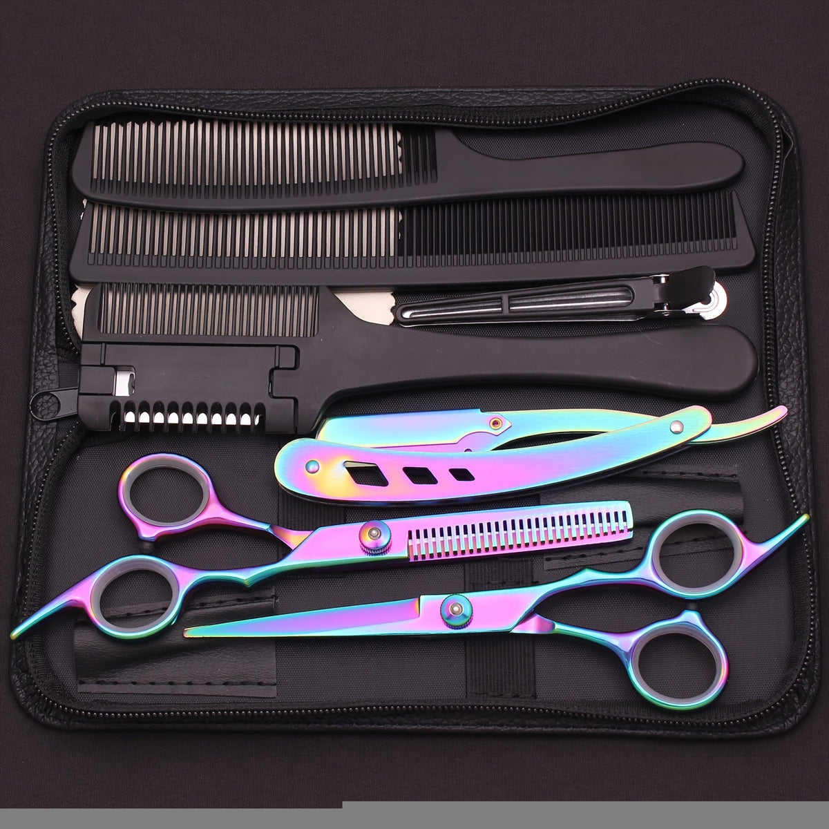 Hair Cutting Scissors Set - Japan Stainless Steel Barber Shears with Thinning Scissors & Razor Comb, Professional Salon Kit for Women Men Home Haircut, Purple Rainbow Blue