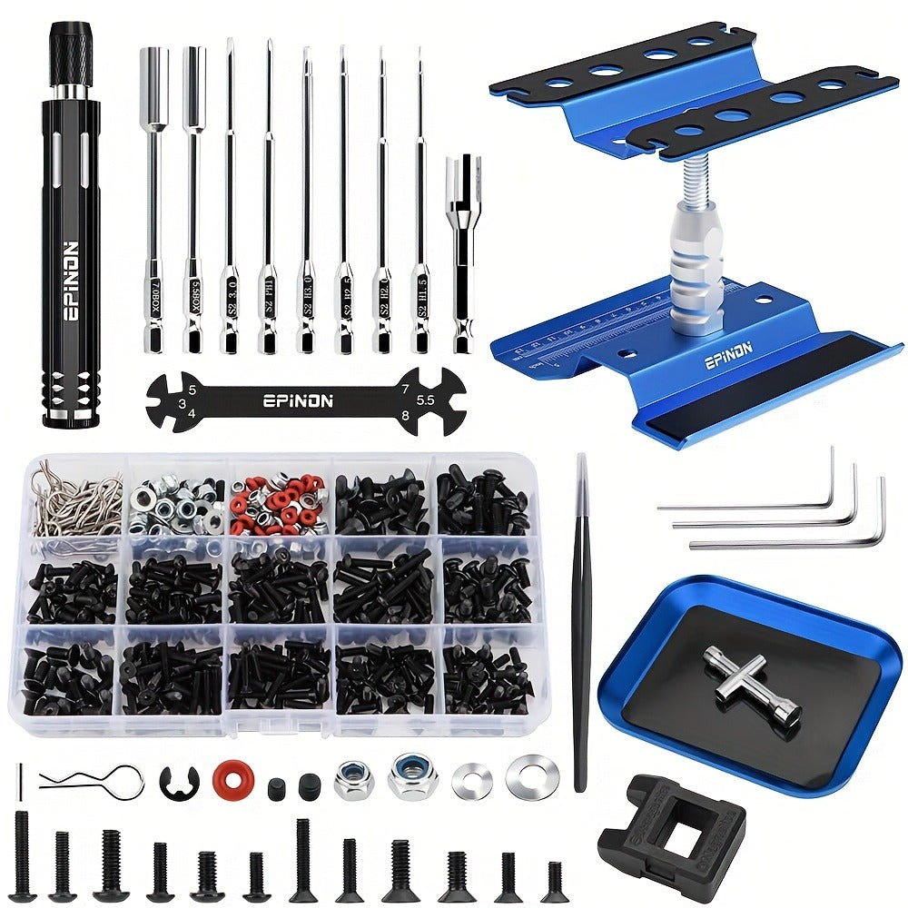 EPINON RC Car Maintenance Stand Tool Kit, 360° Rotating Work Stand with 520 Pc Screw Set