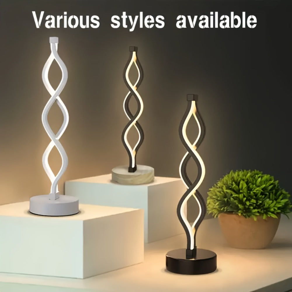 Spiral LED Table Lamp – Modern Minimalist Wave Dimmable Desk Lamp, 3 Color Temperatures, USB Charging, Metallic Base, Creative Curved Night Light for Bedroom Living Room Office Study (1pc / 2pc / Wooden)