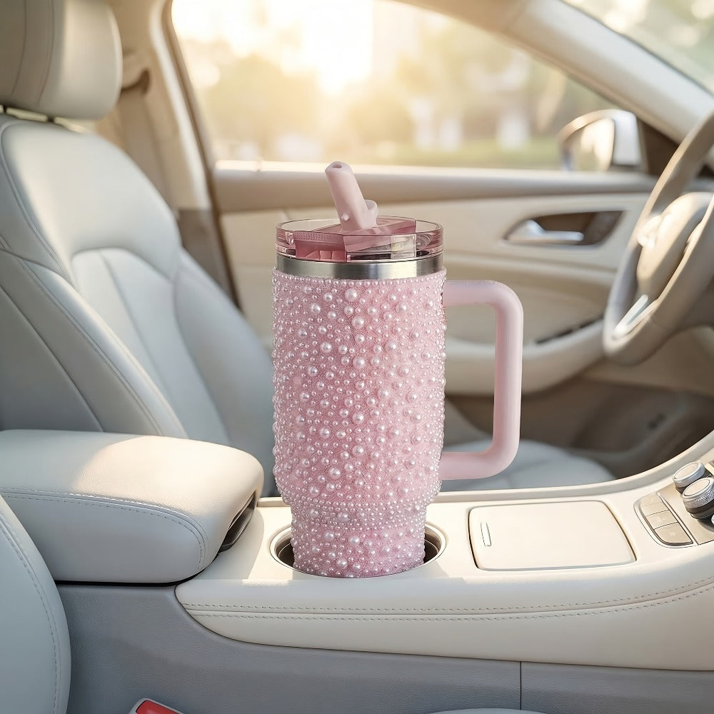 40oz Rhinestone Tumbler with Handle and Straw – Stainless Steel Double Wall Insulated Cup | Pearl Glitter Travel Mug for Sublimation Outdoor Sports Camping Holiday Gift