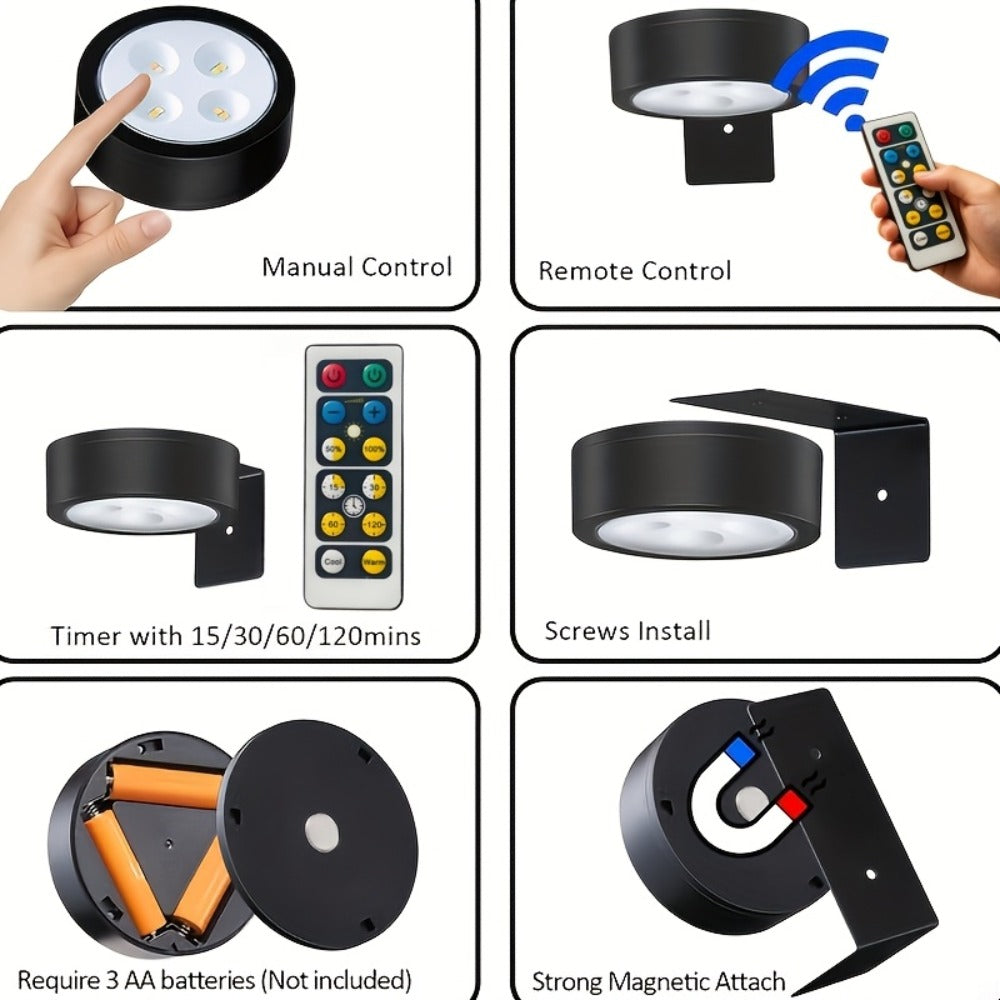 Battery Operated Picture Lights 3-Pack, Magnetic Painting Light with Remote & Timer, 3 Lighting Modes Dimmable Wireless Wall Puck Lights for Art Frames Portraits – Black