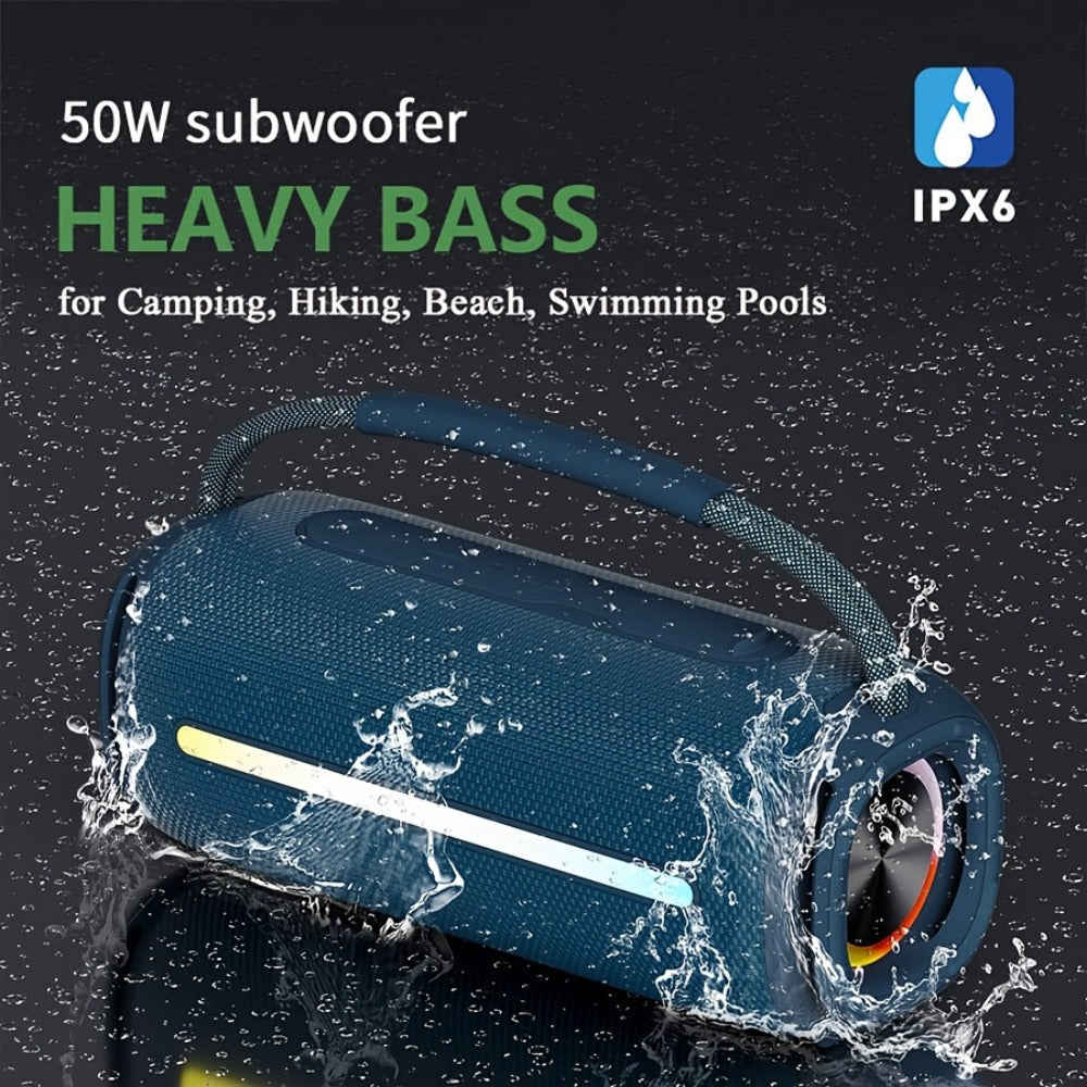 50W Bluetooth Speaker IPX6 Waterproof with LED Lights, Portable Wireless Speaker Rich Bass FM Radio USB TF Card Playback, Loud Outdoor Speaker for Parties Camping Beach Home