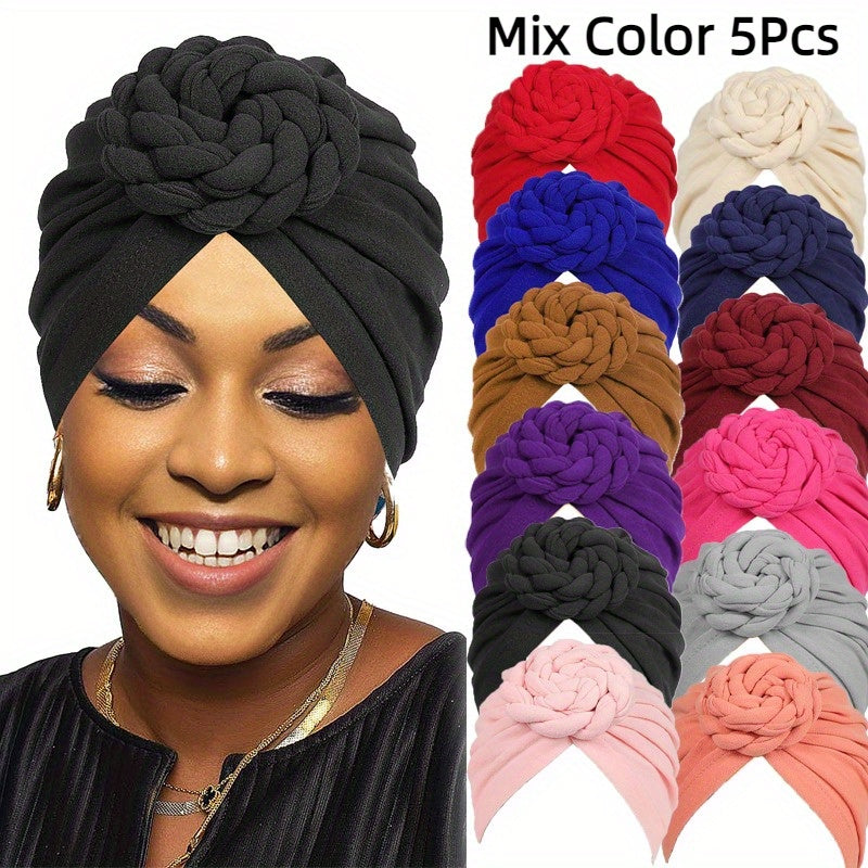 Boho Turban Headbands for Women 5 Pack – African Indian Style Twisted Knot Knit Hair Wrap Hat Retro Ethnic Fashion Head Scarf Baotou Cap Mixed Colors Versatile Headband Set