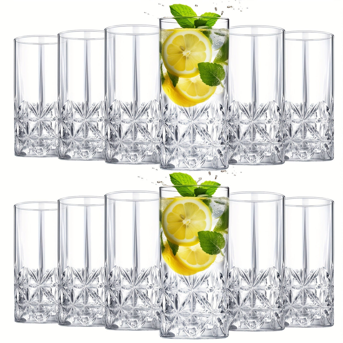 Highball Glasses Set of 12 - 12oz Crystal Clear Vintage Textured Tall Drinking Glasses, Dishwasher Safe Designer Glassware for Cocktail, Tea, Water, Beer & Soda